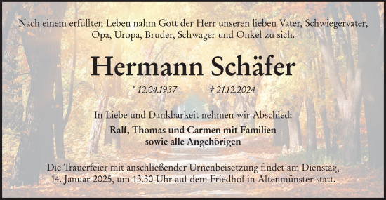 Traueranzeige von Hermann Schäfer von Hohenloher Tagblatt