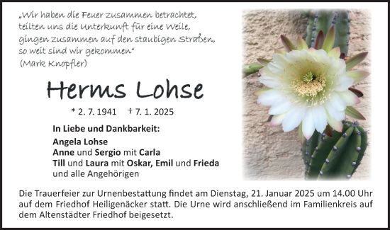 Traueranzeige von Herms Lohse von Geislinger Zeitung