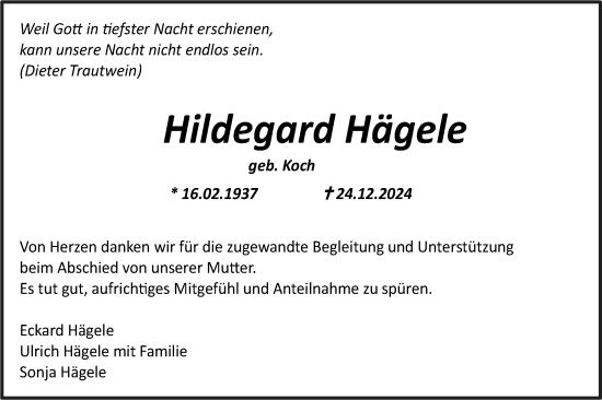 Traueranzeige von Hildegard Hägele von Rundschau Gaildorf