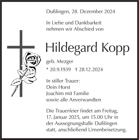 Traueranzeige von Hildegard Kopp von Schwäbische Tagblatt