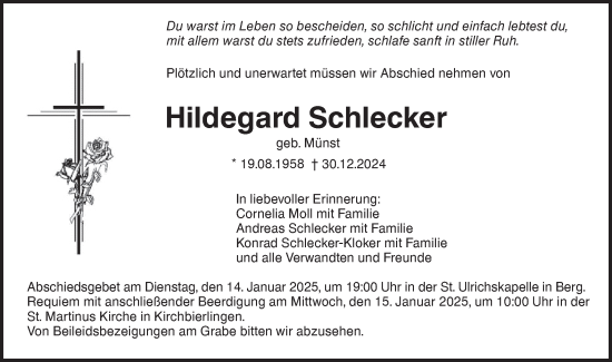 Traueranzeige von Hildegard Schlecker von Ehinger Tagblatt