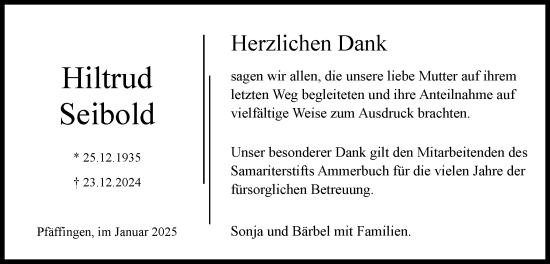 Traueranzeige von Hiltrud Seibold von Schwäbische Tagblatt