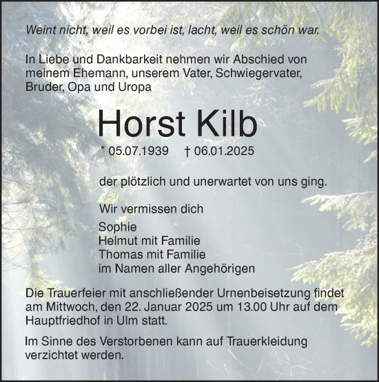 Traueranzeige von Horst Kilb von SÜDWEST PRESSE Ausgabe Ulm/Neu-Ulm