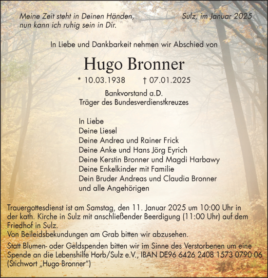Traueranzeige von Hugo Bronner von Neckar-Chronik