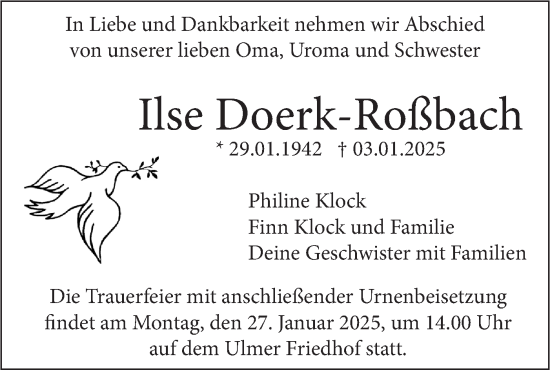 Traueranzeige von Ilse Doerk-Roßbach von SÜDWEST PRESSE Ausgabe Ulm/Neu-Ulm