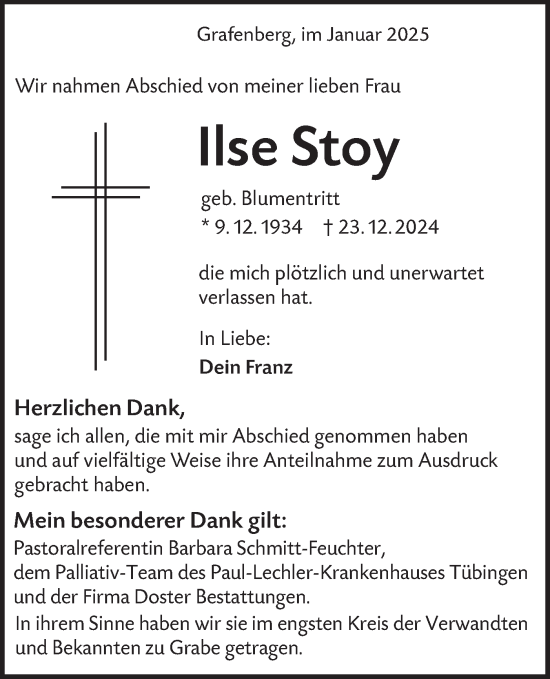 Traueranzeige von Ilse Stoy von Alb-Bote/Metzinger-Uracher Volksblatt