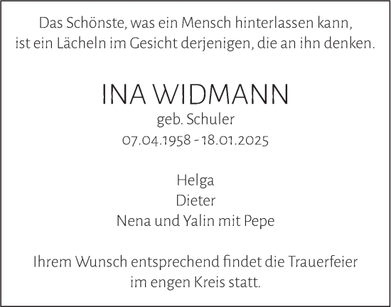 Traueranzeige von Ina Widmann von SÜDWEST PRESSE Ausgabe Ulm/Neu-Ulm
