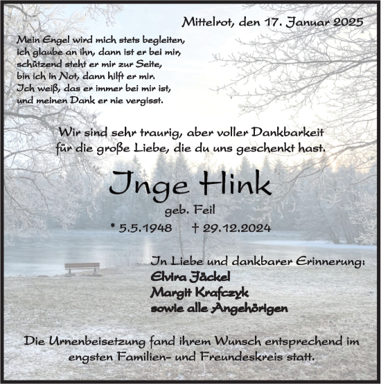 Traueranzeige von Inge Hink von Rundschau Gaildorf