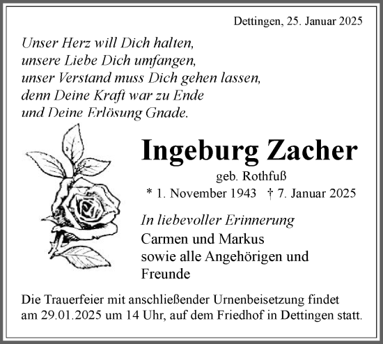 Traueranzeige von Ingeburg Zacher von Schwäbische Tagblatt