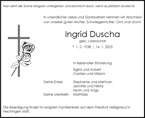 Traueranzeige von Ingrid Duscha von SÜDWEST PRESSE Zollernalbkreis/Hohenzollerische Zeitung