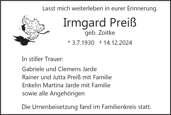 Traueranzeige von Irmgard Preiß von SÜDWEST PRESSE Ausgabe Ulm/Neu-Ulm