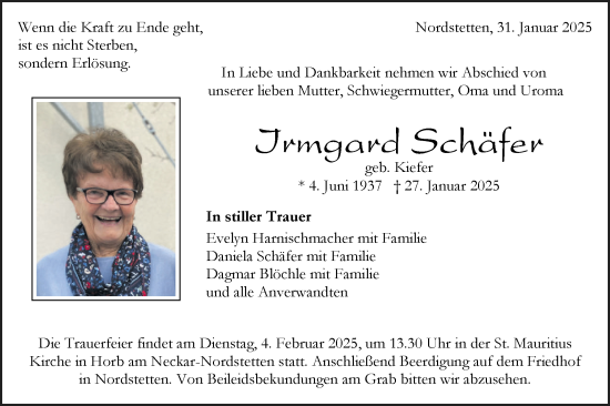 Traueranzeige von Irmgard Schäfer von Neckar-Chronik