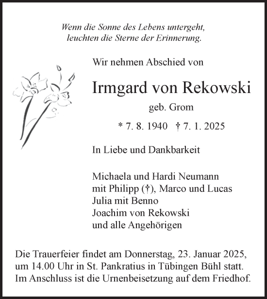Traueranzeige von Irmgard von Rekowski von Schwäbische Tagblatt