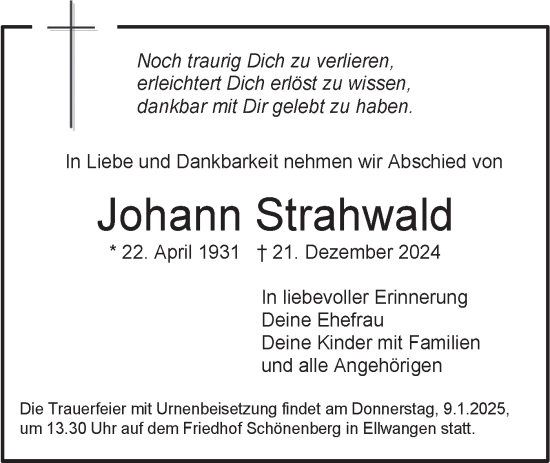 Traueranzeige von Johann Strahwald von Hohenloher Tagblatt