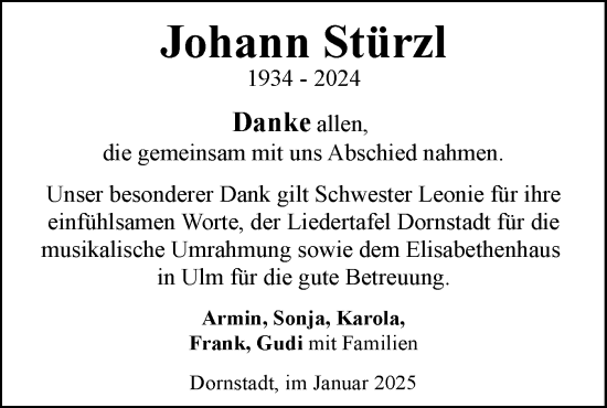 Traueranzeige von Johann Stürzl von SÜDWEST PRESSE Ausgabe Ulm/Neu-Ulm