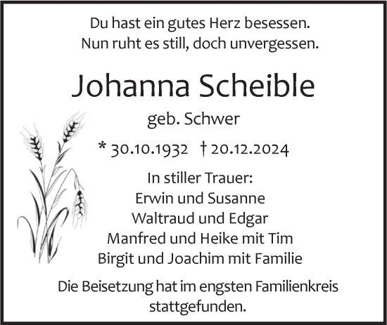 Traueranzeige von Johanna Scheible von SÜDWEST PRESSE Ausgabe Ulm/Neu-Ulm
