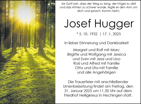 Traueranzeige von Josef Hugger von SÜDWEST PRESSE Zollernalbkreis/Hohenzollerische Zeitung