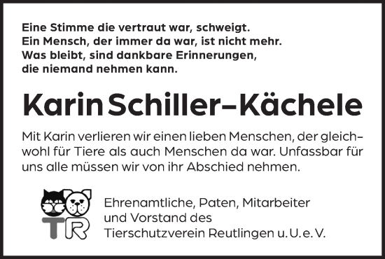 Traueranzeige von Karin Schiller-Kächele von Alb-Bote/Metzinger-Uracher Volksblatt