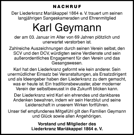 Traueranzeige von Karl Geymann von Hohenloher Tagblatt