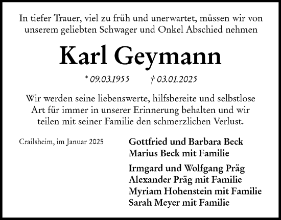 Traueranzeige von Karl Geymann von Hohenloher Tagblatt