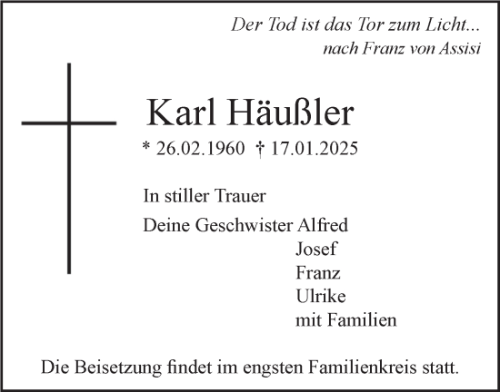 Traueranzeige von Karl Häußler von SÜDWEST PRESSE Ausgabe Ulm/Neu-Ulm