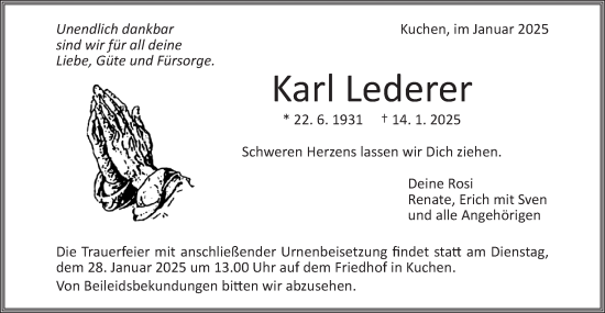 Traueranzeige von Karl Lederer von NWZ Neue Württembergische Zeitung/Geislinger Zeitung