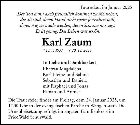 Traueranzeige von Karl Zaum von NWZ Neue Württembergische Zeitung