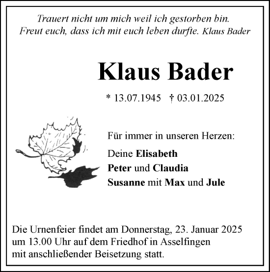 Traueranzeige von Klaus Bader von SÜDWEST PRESSE Ausgabe Ulm/Neu-Ulm