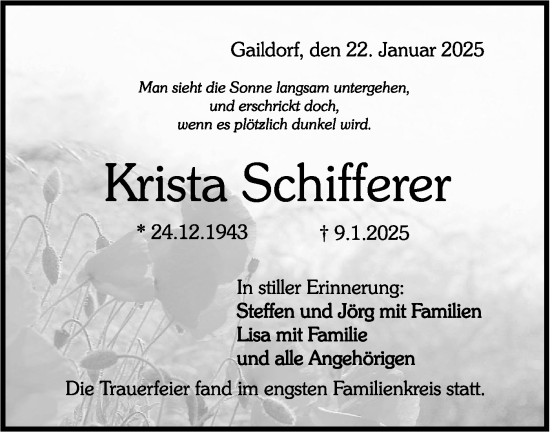 Traueranzeige von Krista Schifferer von Rundschau Gaildorf