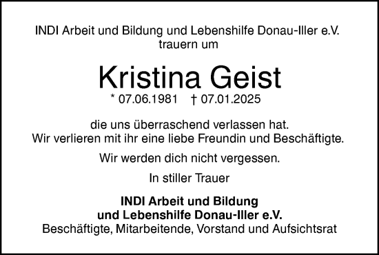 Traueranzeige von Kristina Geist von SÜDWEST PRESSE Ausgabe Ulm/Neu-Ulm