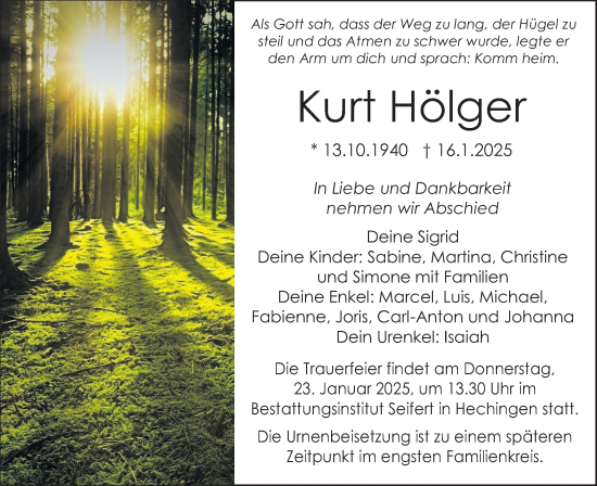 Traueranzeige von Kurt Hölger von SÜDWEST PRESSE Zollernalbkreis/Hohenzollerische Zeitung
