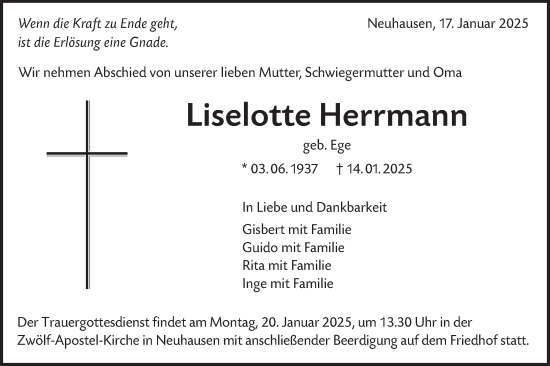Traueranzeige von Liselotte Herrmann von Alb-Bote/Metzinger-Uracher Volksblatt
