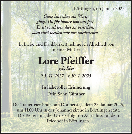 Traueranzeige von Lore Pfeiffer von NWZ Neue Württembergische Zeitung