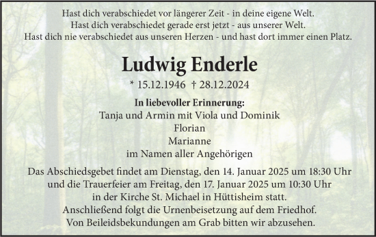 Traueranzeige von Ludwig Enderle von SÜDWEST PRESSE Ausgabe Ulm/Neu-Ulm