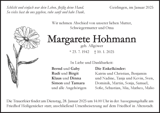 Traueranzeige von Margarete Hohmann von Geislinger Zeitung