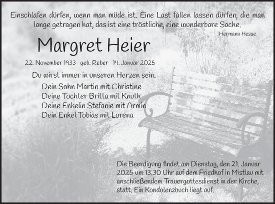 Traueranzeige von Margret Heier von Hohenloher Tagblatt