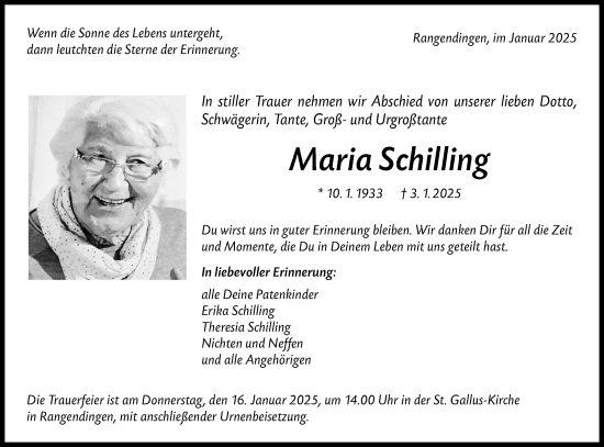 Traueranzeige von Maria Schilling von SÜDWEST PRESSE Zollernalbkreis/Hohenzollerische Zeitung