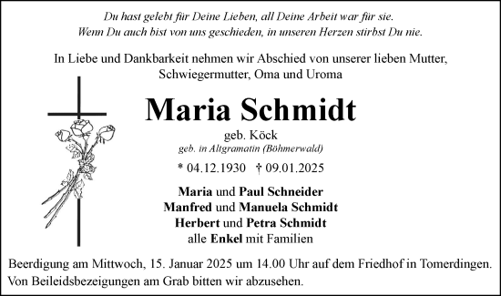 Traueranzeige von Maria Schmidt von SÜDWEST PRESSE Ausgabe Ulm/Neu-Ulm