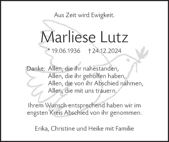Traueranzeige von Marliese Lutz von Hohenloher Tagblatt
