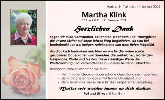 Traueranzeige von Martha Klink von Neckar-Chronik