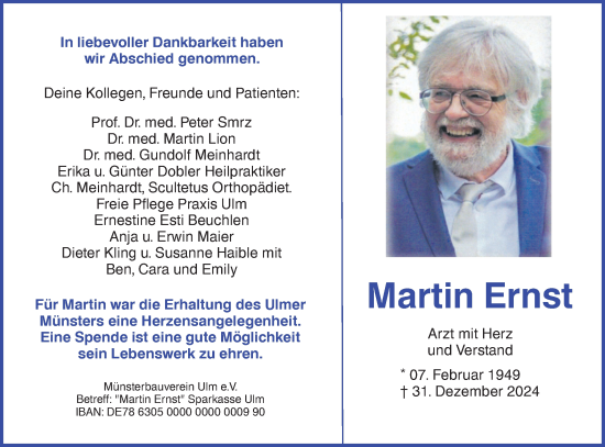 Traueranzeige von Martin Ernst von SÜDWEST PRESSE Ausgabe Ulm/Neu-Ulm