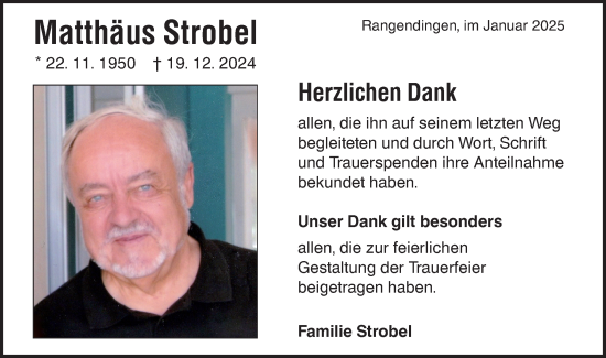 Traueranzeige von Matthäus Strobel von SÜDWEST PRESSE Zollernalbkreis/Hohenzollerische Zeitung