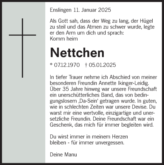 Traueranzeige von Nettchen  von Haller Tagblatt/Hohenloher Tagblatt