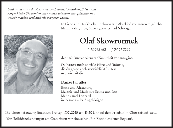 Traueranzeige von Olaf Skowronnek von Hohenloher Tagblatt