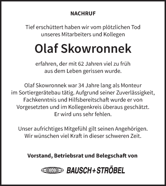 Traueranzeige von Olaf Skowronnek von Hohenloher Tagblatt