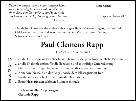 Traueranzeige von Paul Clemens Rapp von Alb-Bote/Metzinger-Uracher Volksblatt