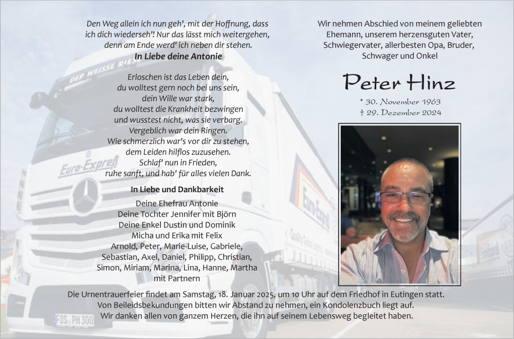  Traueranzeige für Peter Hinz vom 11.01.2025 aus Neckar-Chronik