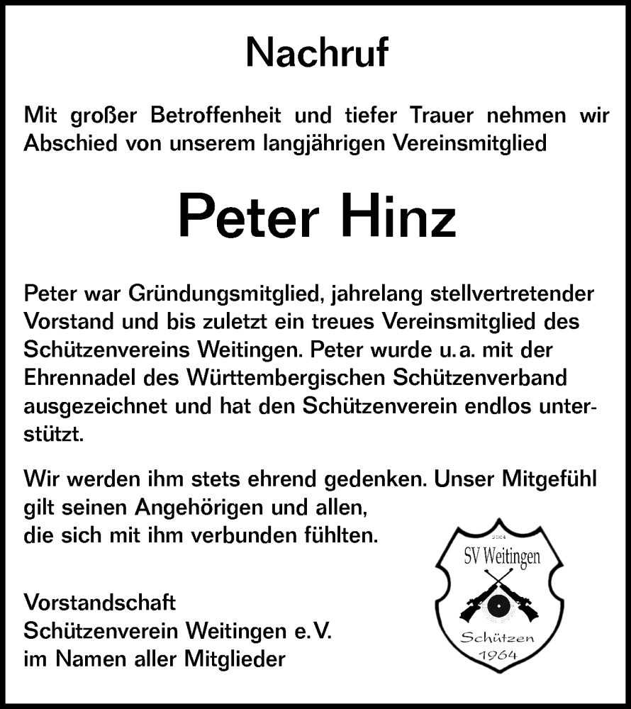  Traueranzeige für Peter Hinz vom 18.01.2025 aus Neckar-Chronik