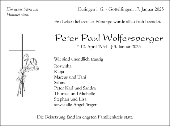 Traueranzeige von Peter Paul Wolfersperger von Neckar-Chronik