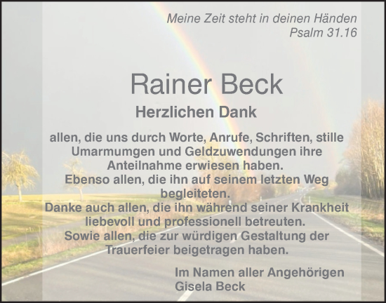 Traueranzeige von Rainer Beck von Hohenloher Tagblatt